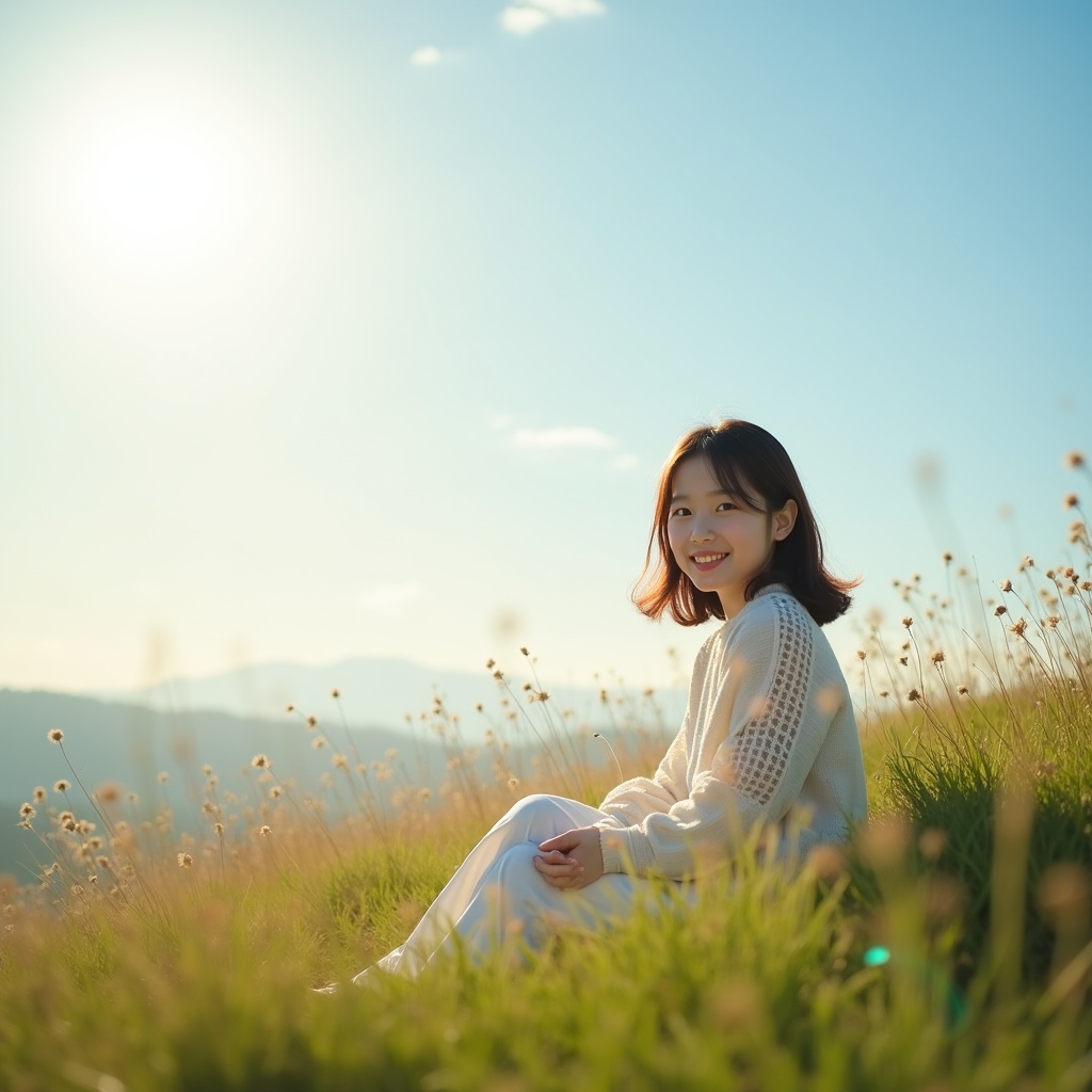 A young woman sitting in a sunny field, smiling, surrounded by tall grass and wildflowers, with a bright blue sky.