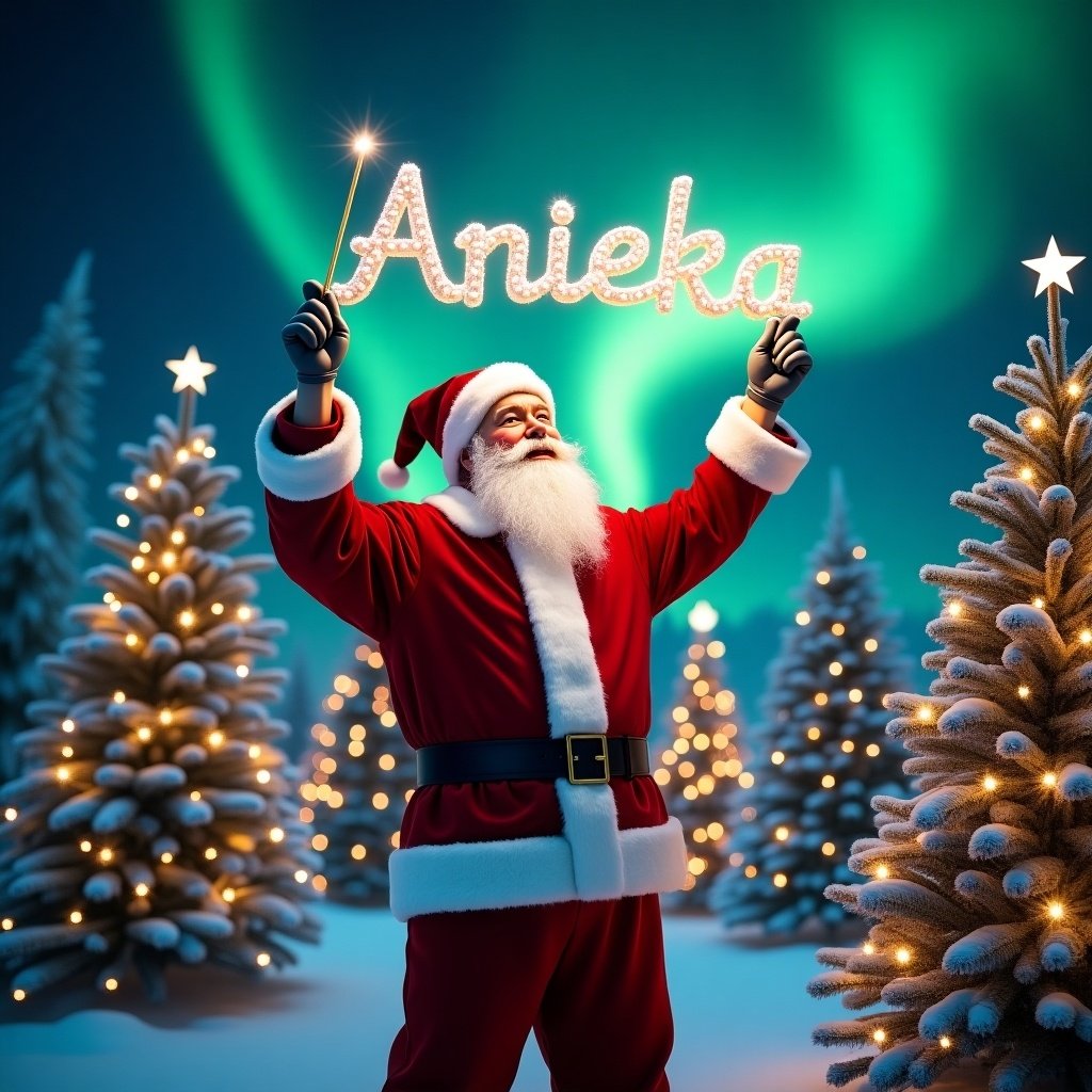 The image features Santa Claus in a magical Christmas scene. He stands amid beautifully decorated Christmas trees, all aglow with lights. Santa is holding a wand aloft, writing the name 'Anieka' in the air. The sky above him is filled with vibrant northern lights in green and blue hues. The scene captures the essence of holiday magic and festive cheer, creating a whimsical atmosphere.