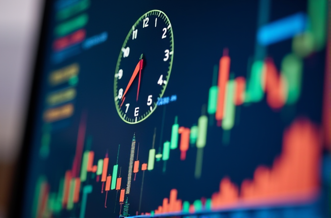 A clock is overlaying a colorful stock market chart with various candlesticks.