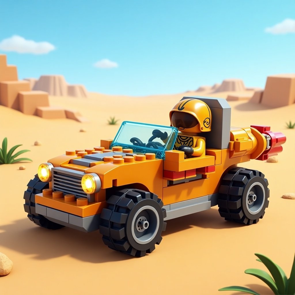 LEGO sand speeder in a desert environment. Bright yellow color, black tires, and a driver minifigure are visible. Background features sandy terrain and distant rock formations.