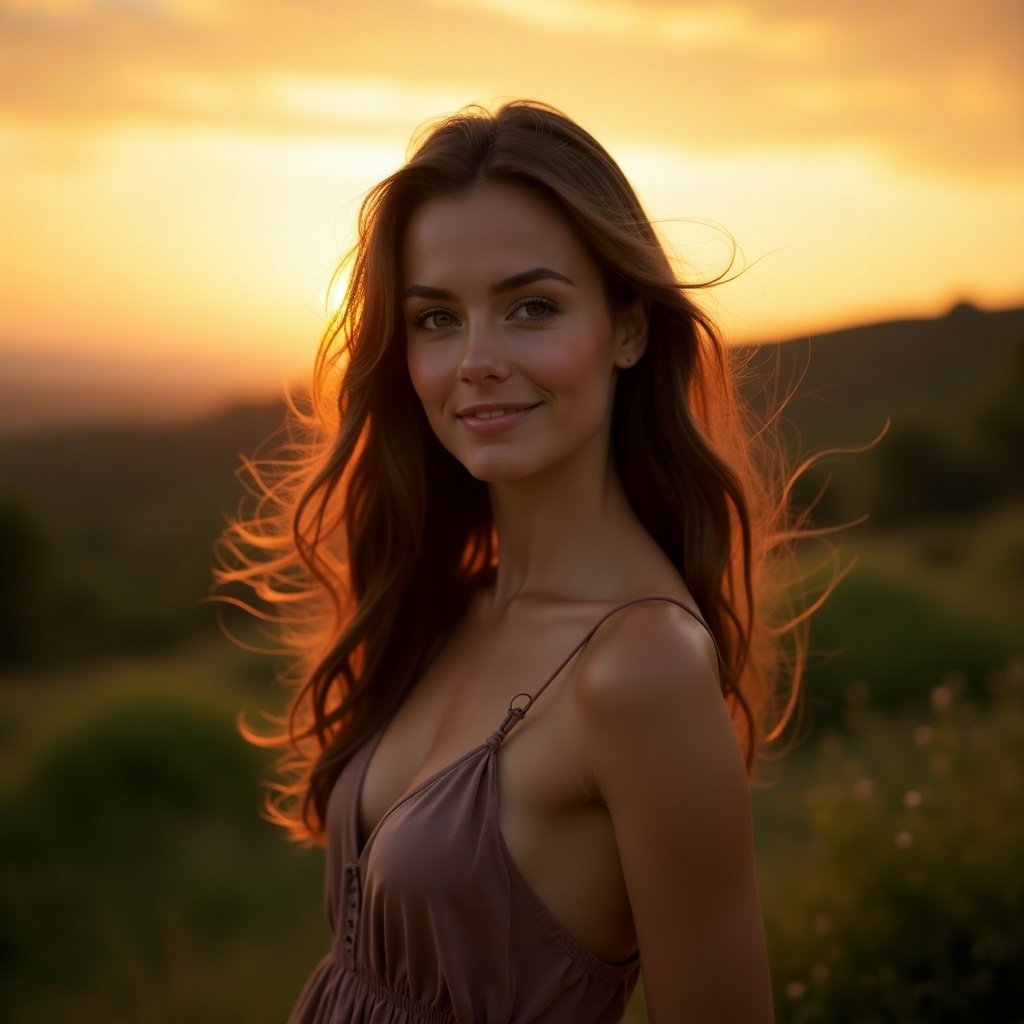 Woman in a flowing dress stands outdoors. Hair is styled naturally. Background features hills and a sunset. Focus on elegance and beauty.