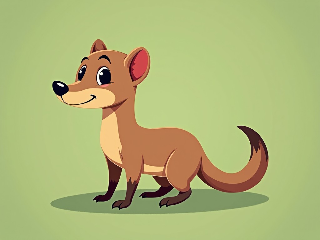 A simple cartoon illustration of a weasel standing on a textured green background. The weasel has a friendly expression and a playful stance. The colors are bright and inviting, making it suitable for children's materials. The overall design emphasizes a cheerful and approachable animal character. This illustration can be used in various contexts such as children's books, educational graphics, or merchandise designs.