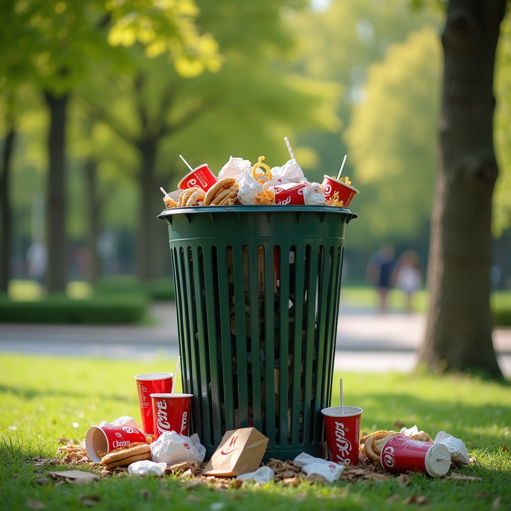 Photorealistic image depicting overflowing trash can. Trash can filled with single-use fast-food packaging. Crumpled wrappers empty soda cups discarded fries containers greasy paper bags. Waste is on the ground illustrating pollution. Background features lush green park with trees and walking path. Natural lighting with soft shadows. Shallow depth of field focuses on trash can.