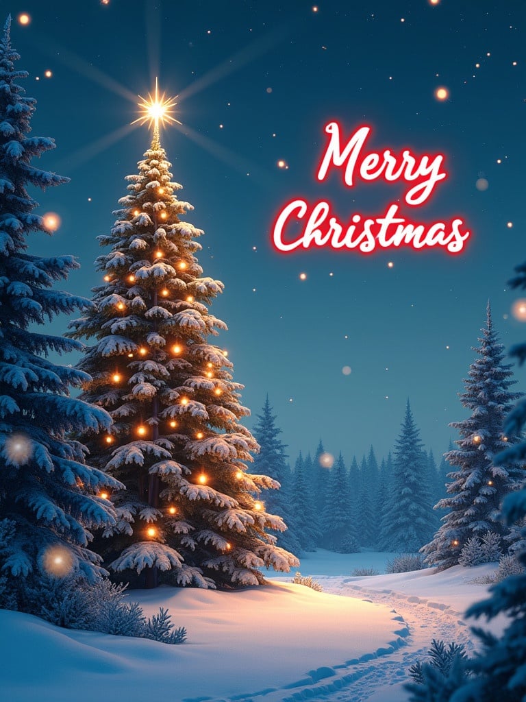 Magical Christmas tree scene features snow and glowing decorations with Merry Christmas message in red font.