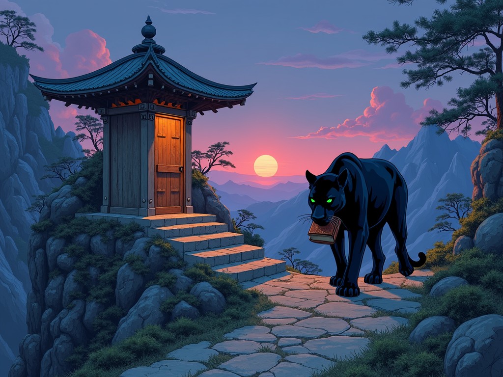 This enchanting digital artwork depicts a majestic black panther carrying a book in its mouth as it prowls in a mystical, mountainous landscape. The scene is set at sunset, with vibrant hues of pink and orange clouding the sky, casting a warm glow across the stepping stones and the temple-like structure behind. The panther's glowing green eyes add an element of mystery to the serene and tranquil setting.