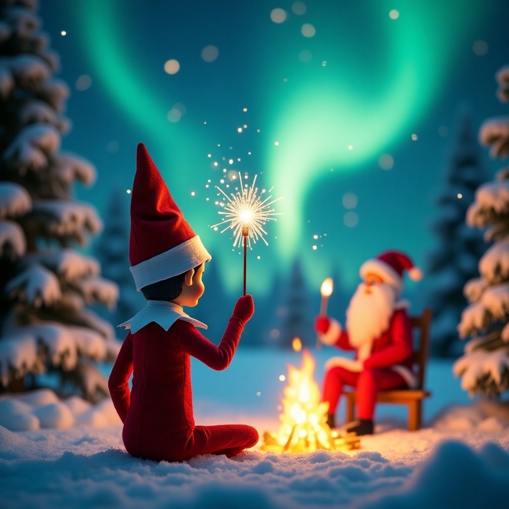 In a magical winter scene, an elf on the shelf is depicted from behind, dressed in a bright red outfit. The elf faces a stunning sky illuminated by northern lights and holds a sparkling wand. It writes the name Esmae-Elijah in the air with its wand, creating a whimsical atmosphere. Nearby, Santa Claus is seen sitting by a warm fire, enhancing the enchantment of the scene. The surrounding snow-covered trees contribute to the cozy and festive vibe, making this a delightful holiday moment.