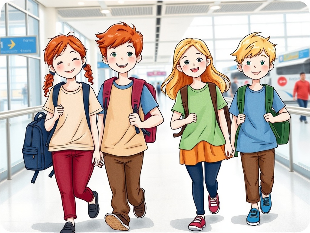 This vibrant illustration depicts four cheerful children walking together with backpacks, suggesting they are at an airport ready for an adventure. The setting is a bright, bustling terminal with signs indicating flight gates. The children are animated and colorful, conveying a sense of excitement and anticipation for the trip ahead.