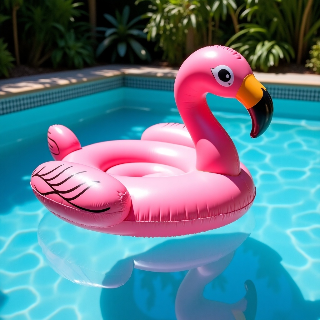 Pink flamingo-shaped pool float floats on clear blue water. Tiled pool edges surround the float. Lush green plants are visible around the pool.