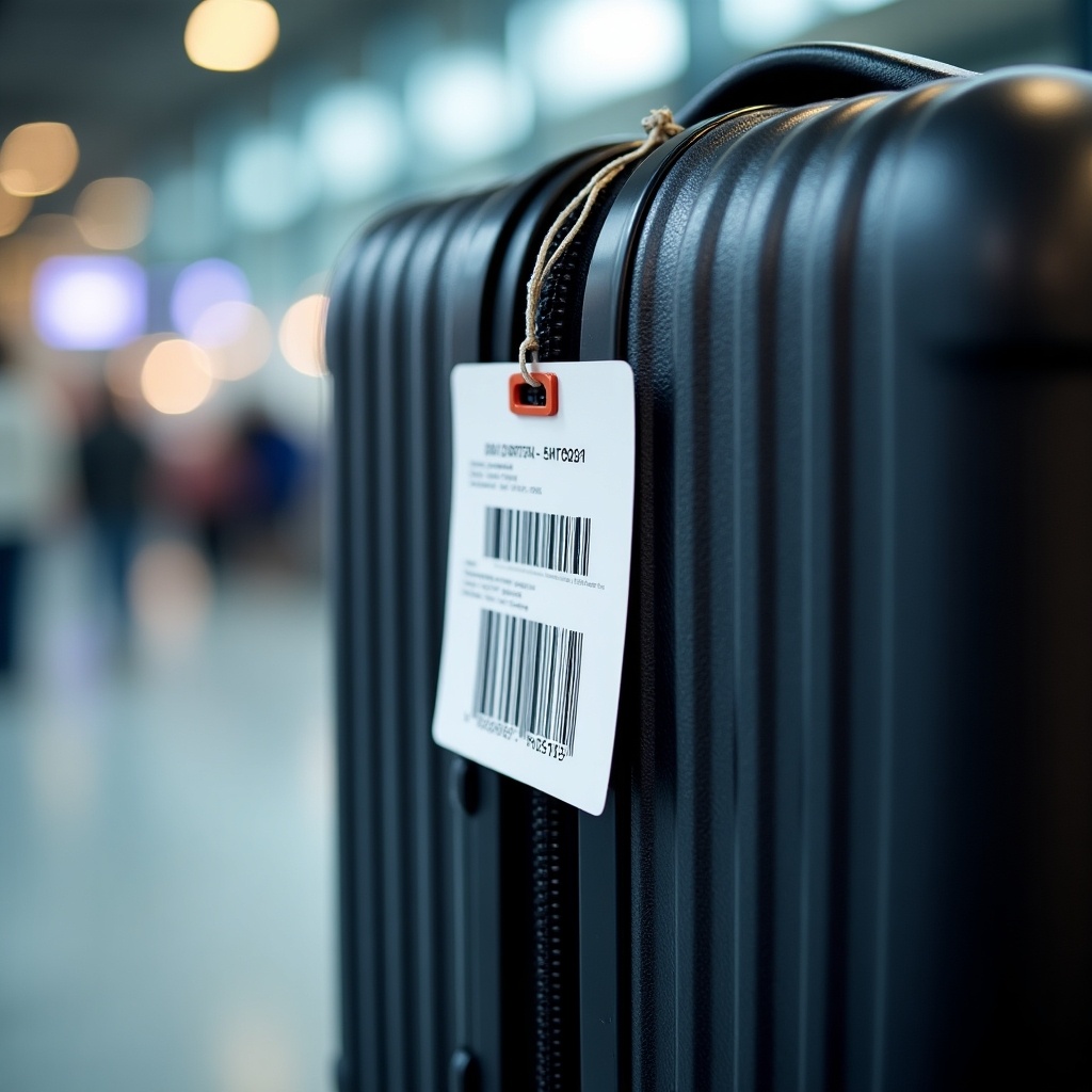 View of a suitcase at an airport with a barcode sticker attached. Focus on the luggage tag, blurred background showing travelers. Close-up side angle of the suitcase.