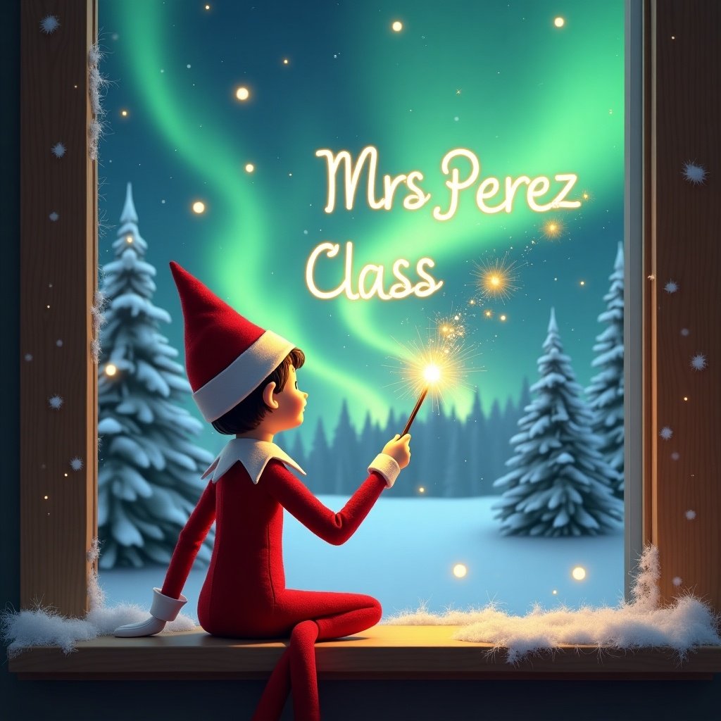 An elf on the shelf is sitting on a window ledge. The elf is wearing a red outfit and is facing away from the viewer. It looks up at the northern lights in the sky. The elf holds a magic wand in one hand, creating sparkling sparks that spell out Mrs. Perez Class. The background has snow-covered pine trees, creating a holiday atmosphere.