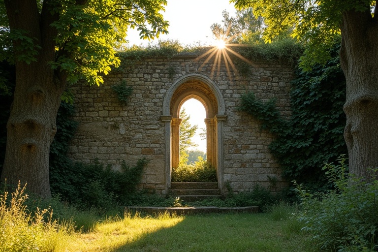 Ruined wall with a small glassless medieval window. Large box trees on either side. Wall covered in vines and moss. Evening sunlight casts golden rays on the wall and tree tops. Sparse ground vegetation touched by sunlight.