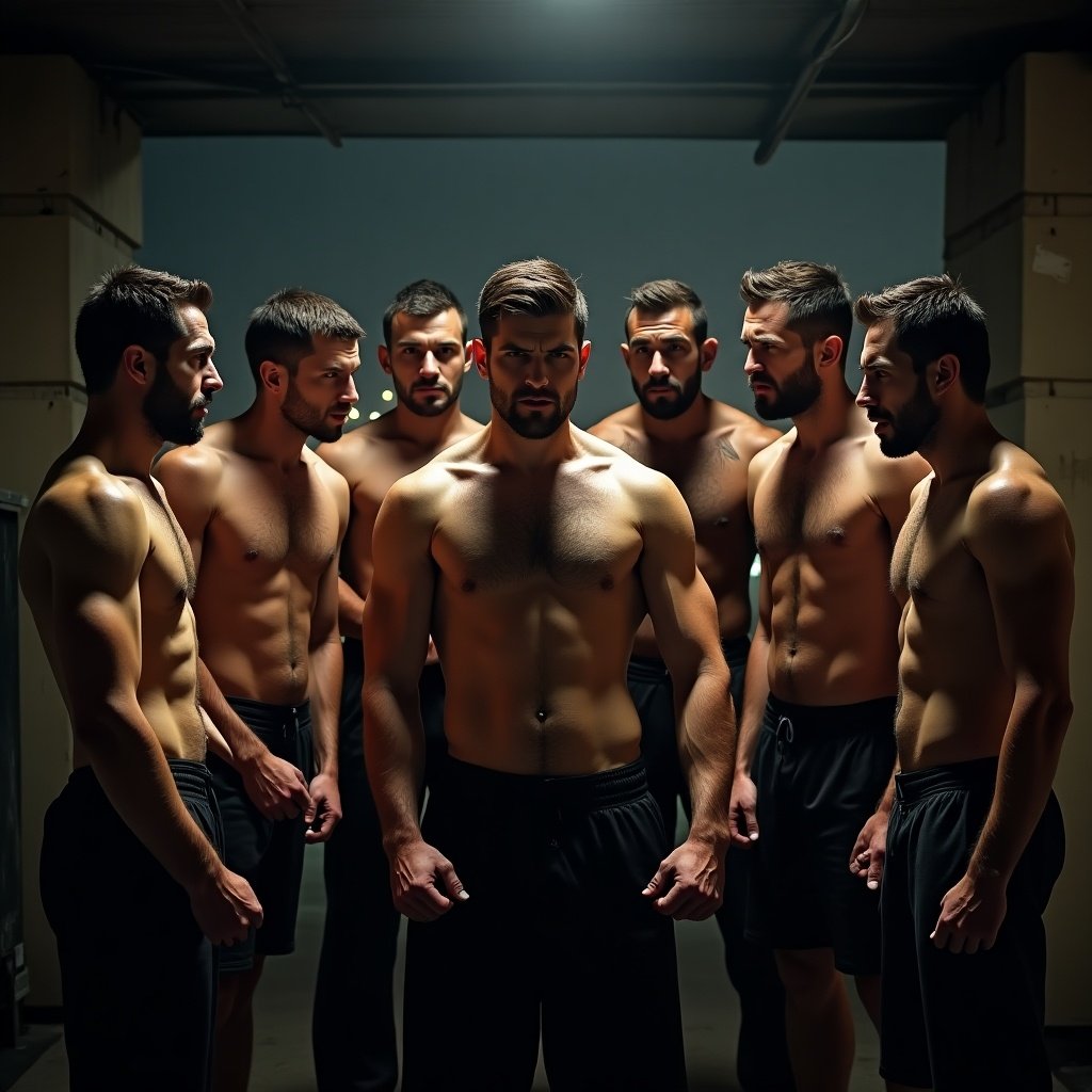 Group of muscular men standing in formation. Atmosphere is intense and focused. Each man displays physical strength and commitment to fitness. The setting is minimal with dramatic lighting.