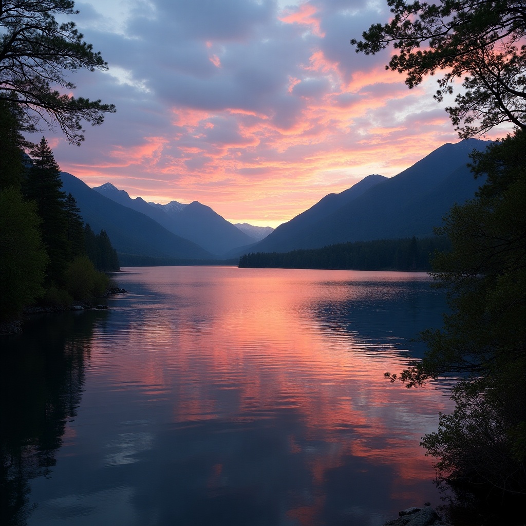 The image captures a stunning sunset scene over a serene lake, with majestic mountains silhouetted against the colorful sky. The sky is filled with shades of pink and purple, reflecting beautifully on the calm water. Lush greenery frames the view, enhancing the tranquility of the setting. This idyllic spot invites viewers to imagine themselves in this peaceful environment. Perfect for inspiring travel or nature-related content.