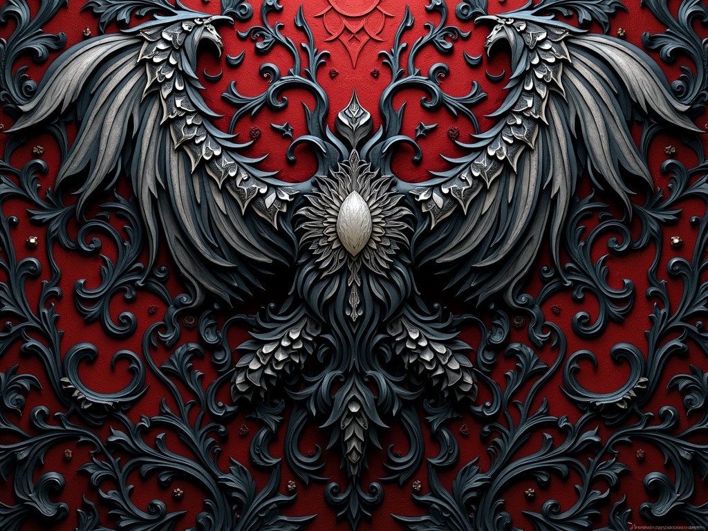 This image features a highly detailed, ornate phoenix carving set against a deep red background. The phoenix's wings are spread majestically, showcasing intricate feather patterns that swirl and interlace in an elaborate design. The rich contrast between the metallic tones of the phoenix and the vibrant red backdrop creates a sense of depth and grandeur, adding a regal and mystical quality to the overall composition.