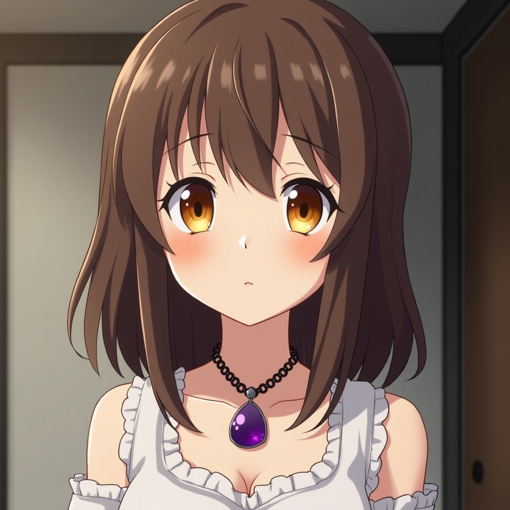 Anime-style female character with brown hair and orange eyes. Wearing necklace with purple gemstone pendant. Appears inside room with soft lighting.