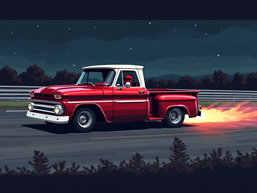 Pixel art featuring a red 1962 Chevy C10 pickup truck with a white roof, drifting sideways on a track at night.