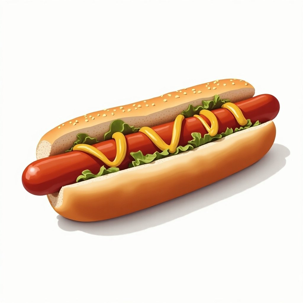 A mechanical structure of a french hot dog with toppings. The hot dog in a bun features lettuce and mustard. Detailed and symmetrical presentation. The background is plain to highlight the food item.