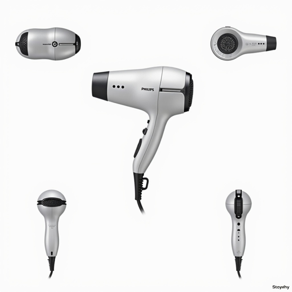 Display of Philips SalonDry hairdryer. Includes front, back, top, bottom, and side views. Product centered and well-lit. Color scheme silver and black.