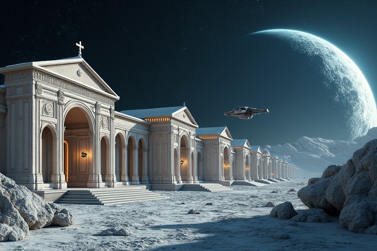 Retro futuristic moonbase with Ancient Roman style structures. Science fiction setting on a lunar landscape. Space ship flying over.