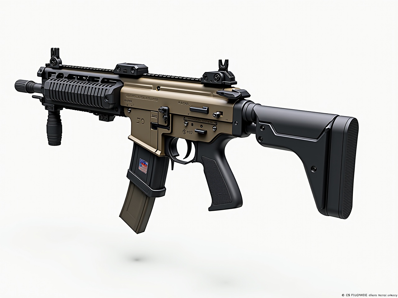 This image features a futuristic non-bullpup rifle, combining elements from the FN P90 and FN F2000. The design highlights razor-sharp edges and sharply defined shapes, creating a unique appearance. It emphasizes ergonomic features like a thumbhole stock, suitable for tactical use. The weapon embodies a blend of modern military aesthetics and a sci-fi vibe. It presents a two-dimensional view that focuses on the overall structure and tactical layout of the firearm.