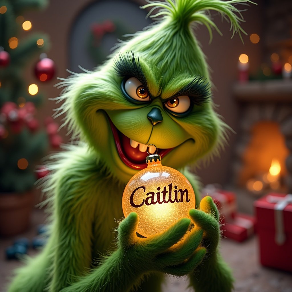 Grinch holding a bauble with the name Caitlin written on it. Festive atmosphere with decorations in the background.