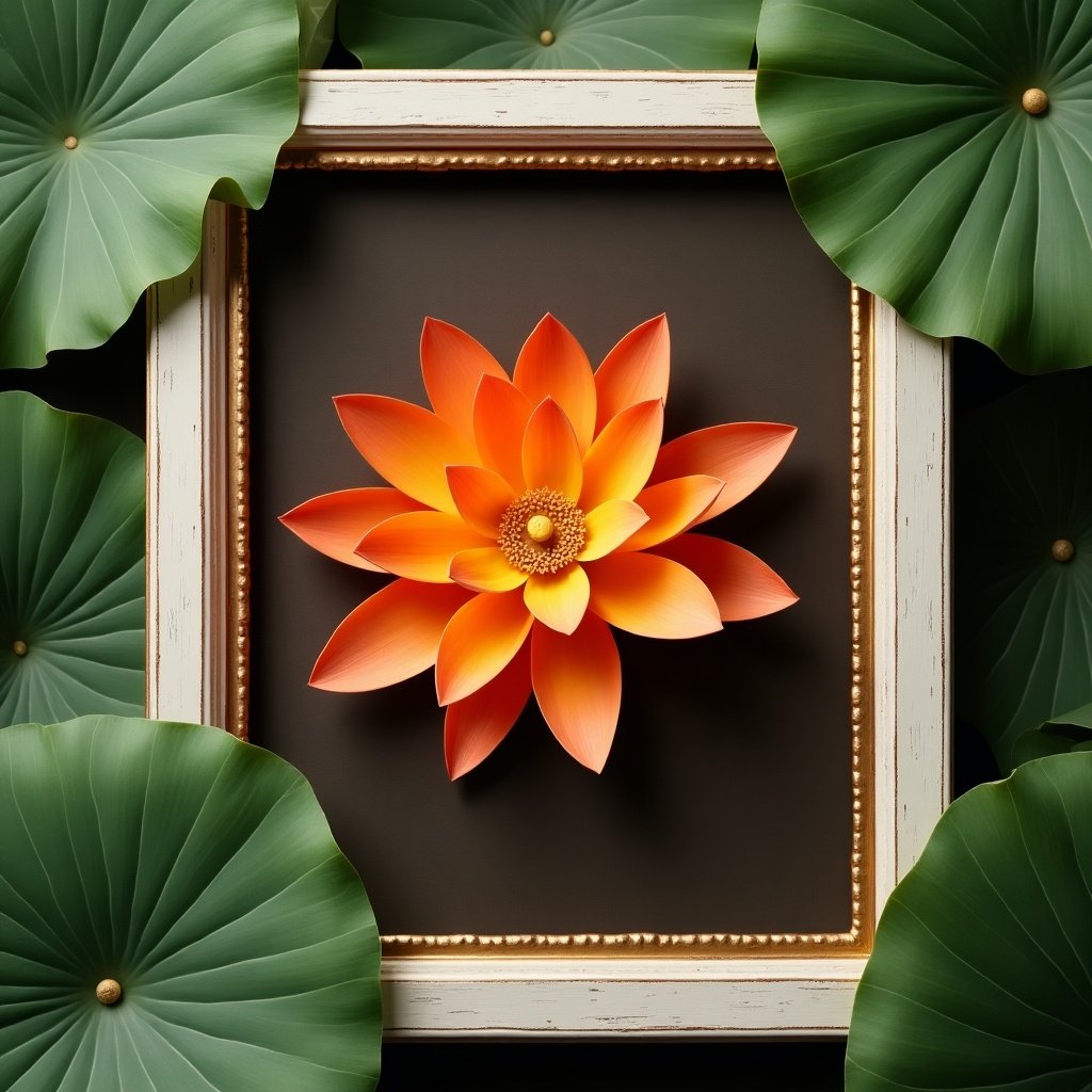 A 3x5 frame contains an aesthetically placed orange lotus flower. Green leaves surround the frame's edges. The inside of the frame is a dark brown color. The frame itself has a white gold border.