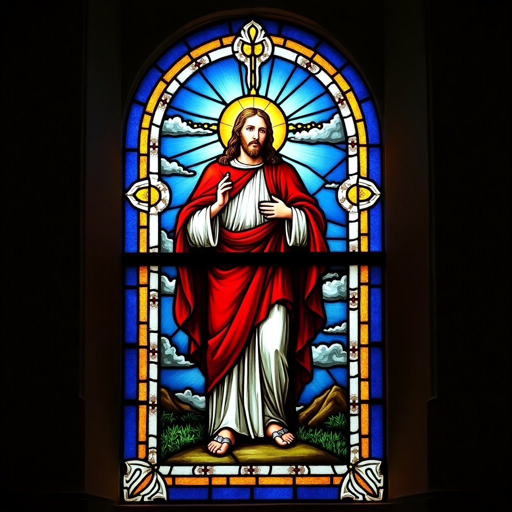 Stained glass window depicting Jesus Christ. Bright colors and intricate details. Religious symbol in a church setting. Decorative art form expressing spirituality.