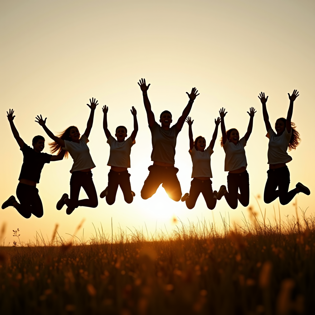 Silhouetted against a sunset, a group of people jump joyfully in a grassy field.