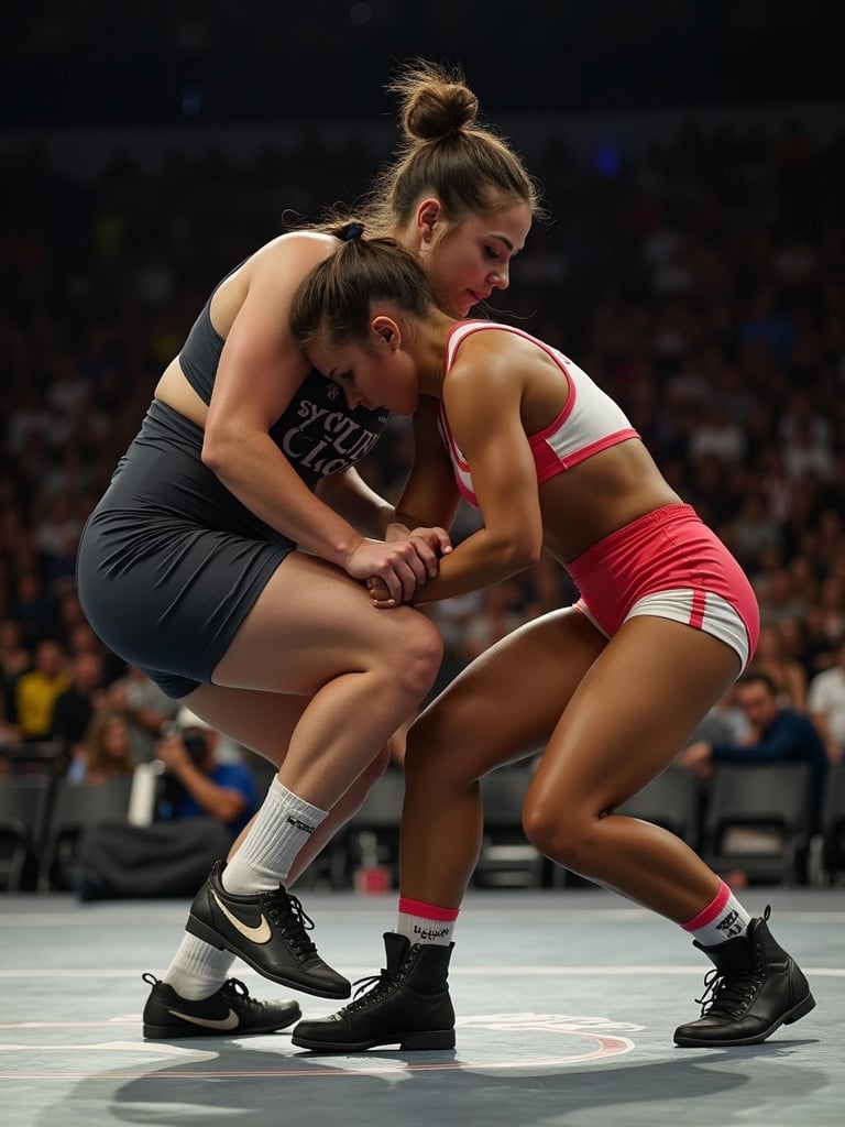 Freestyle wrestling competition between two female athletes. One wrestler is wearing pink gear and the other black. Action captured during a match. Crowded arena in the background.