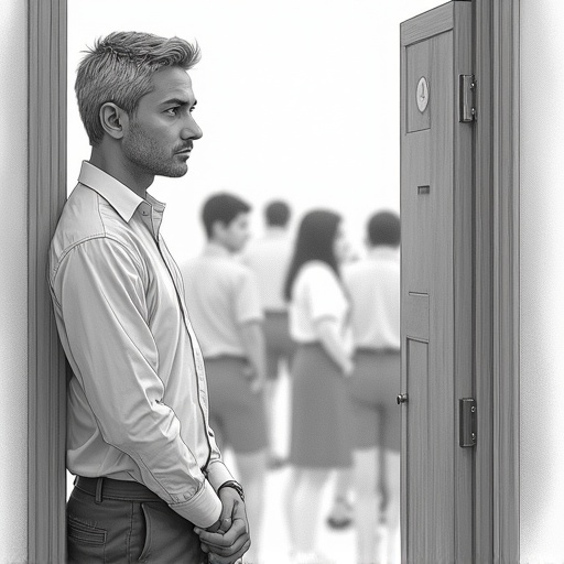 Detailed pencil sketch of an Indian male known as Nani with salt-and-pepper hair. He stands at a classroom doorway observing students. His posture is upright with a relaxed demeanor. The composition follows the rule of thirds framing him at the left edge. Students appear blurred in the background. The camera angle is medium shot at a slightly low angle for emphasis. Lighting is chiaroscuro with soft shadows in the doorway. The artwork features smooth shading and sharp details in attire. The image is in monochrome, high contrast, true black-and-white, high-resolution.