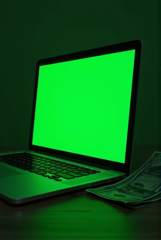 A laptop with a bright green screen alongside a few US dollar bills placed on a wooden desk in a dimly lit environment.