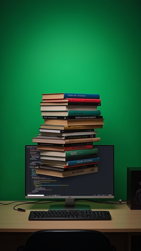 A stack of books seemingly balanced on a PC monitor displaying code, set against a bright green background.