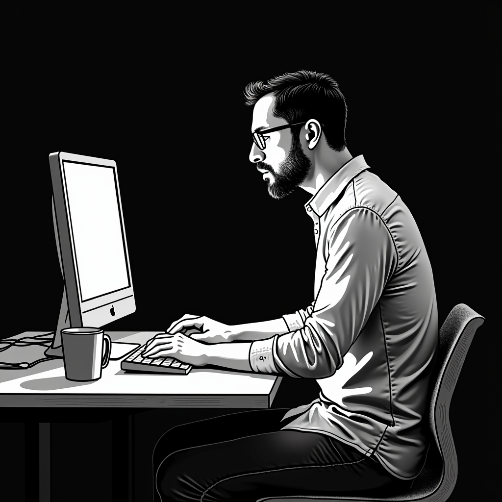 A person is sitting at a desk using a computer, deep in concentration.