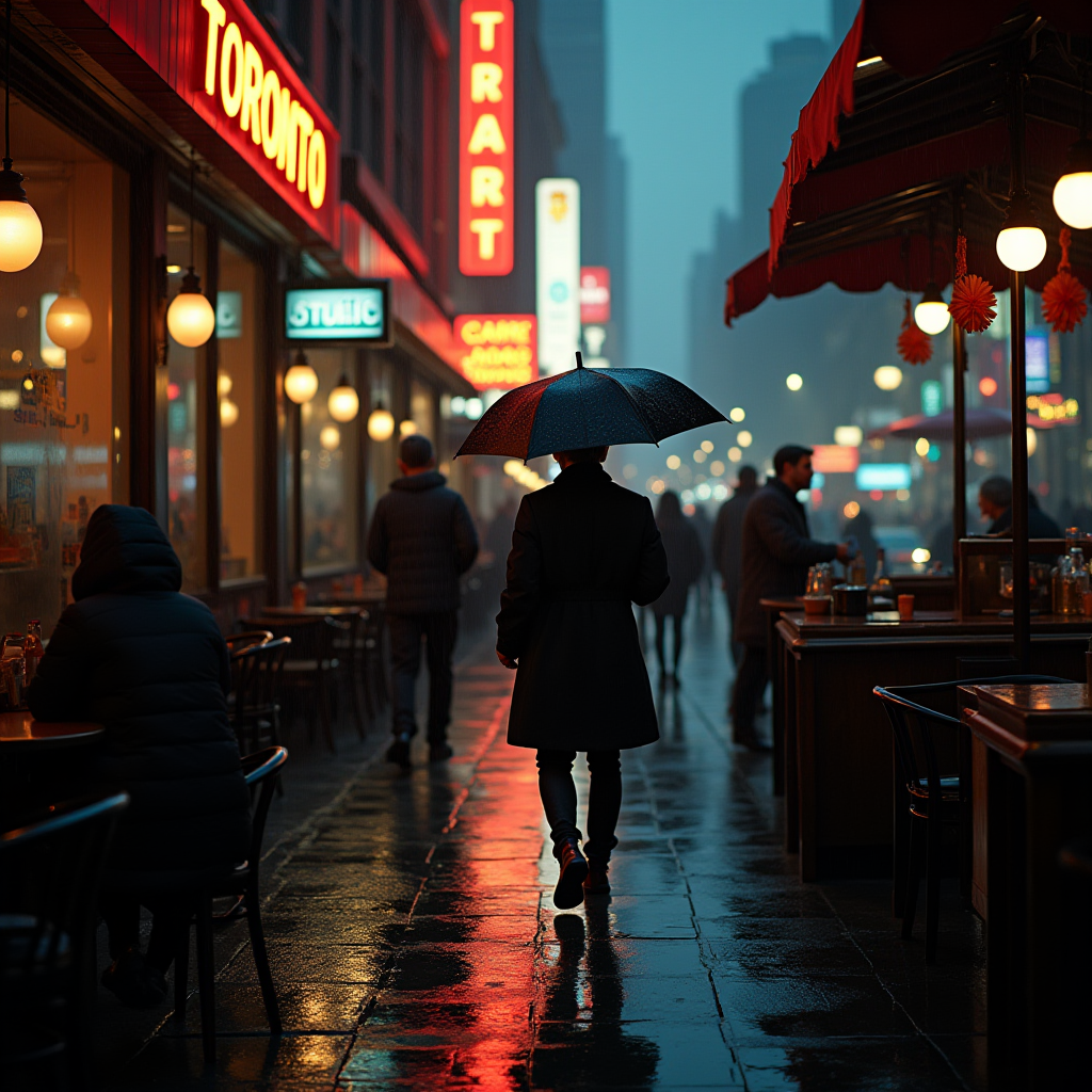 A person with an umbrella walks along a rainy city street at night, with neon signs glowing.