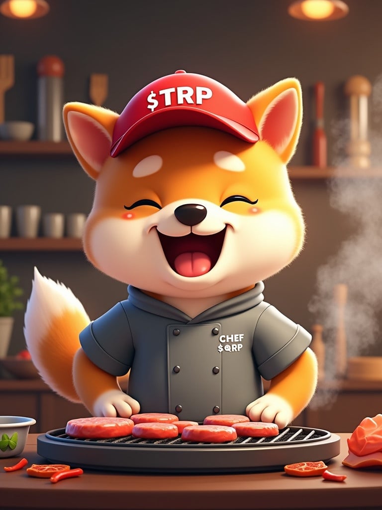 A cartoon Shiba dog in a red $TRP baseball cap and gray chef uniform cooks meat on a grill. The dog shows joy while grilling, with steam rising. The scene includes a cozy kitchen with various cooking utensils. Bright colors and warm lighting create a lively atmosphere.