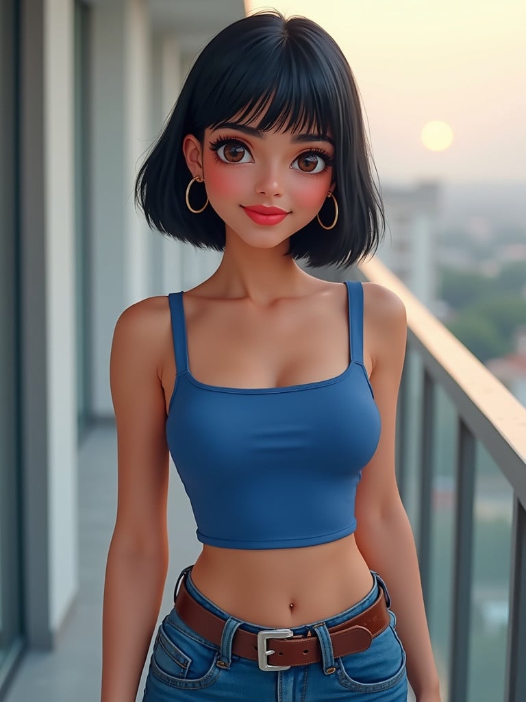 High-resolution image of a young woman with light skin and black bob cut. She has brown eyes and wears red lipstick. Dressed in a blue sleeveless crop tank top and blue jeans. Accessories include hoop earrings and a belt. Background shows a sunset from a balcony.