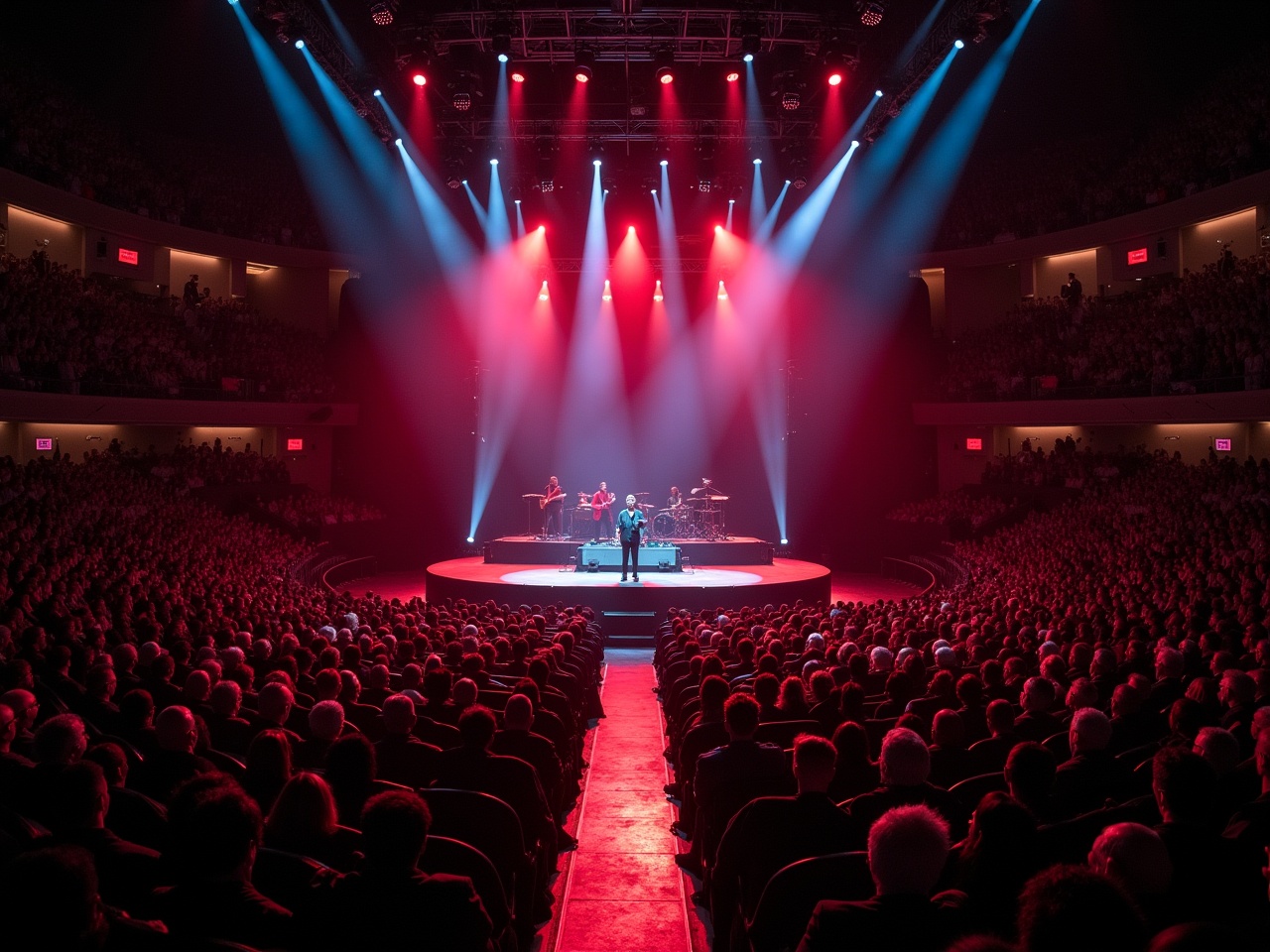 A vibrant concert image showing a popular musician performing on stage at Madison Square Garden. The stage features a T-shaped runway extending into the crowd, enhancing the performance space. Bright red and blue lights illuminate the stage, creating a dramatic atmosphere. The photo captures a packed audience, highlighting the energetic vibe of the event. It is taken from a drone viewpoint, offering a unique perspective of the grand venue and the enthusiastic crowd.