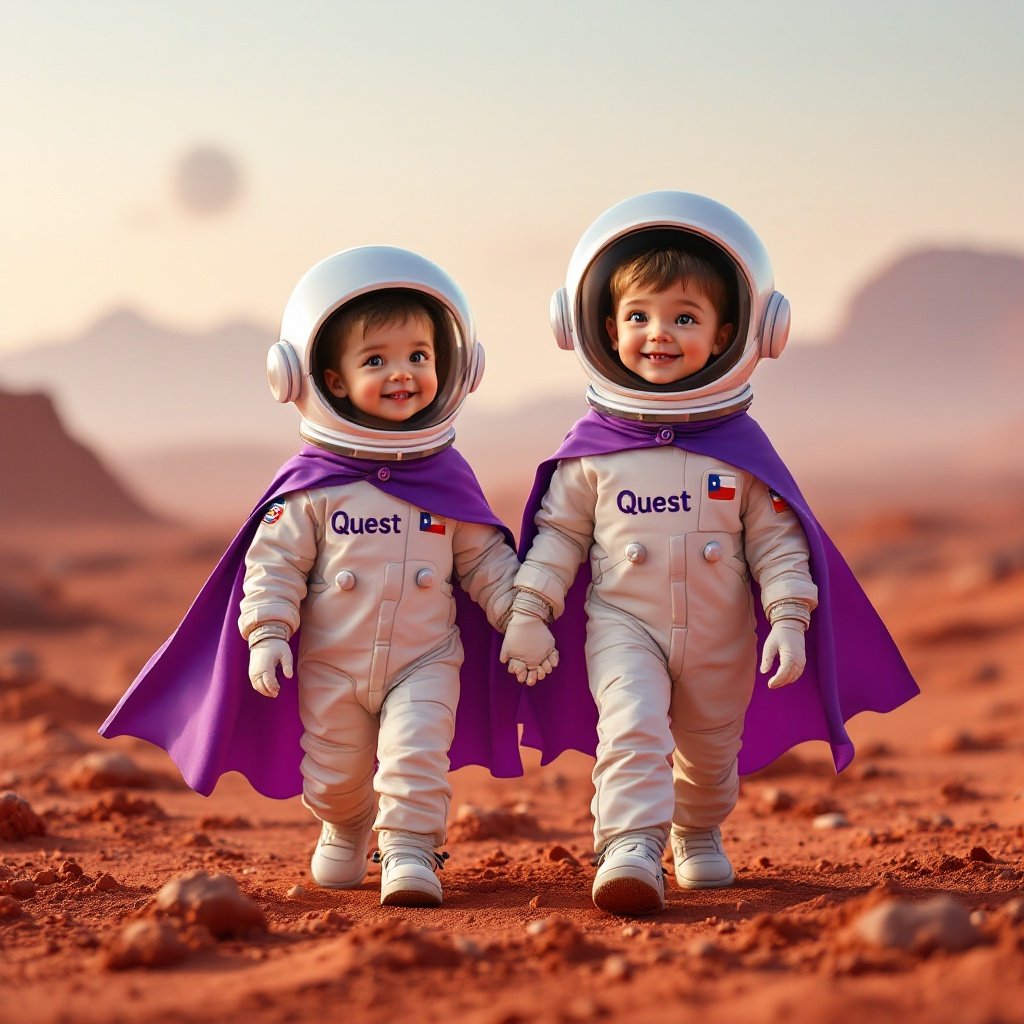 Two adventurous 4-year-old astronauts explore the breathtaking Martian landscape. Bundled in astronaut suits with purple capes. Each outfit has a Chilean flag on the right arm. They wear helmets and have Quest embroidered on their chests. They walk hand in hand. Surrounded by red-hued rocky terrain and a soft pinkish sky.