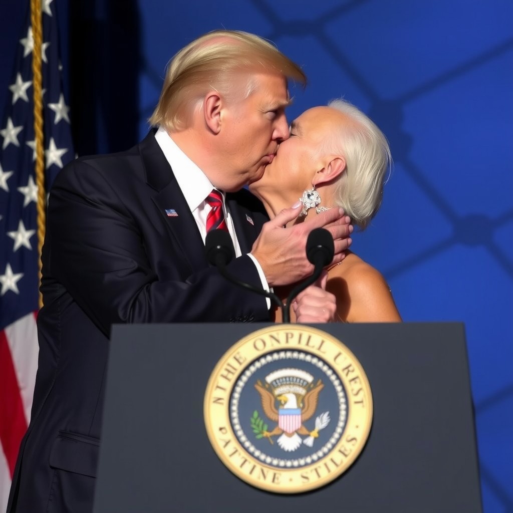 A man and woman share a kiss behind a podium, with an emblem similar to a presidential seal.