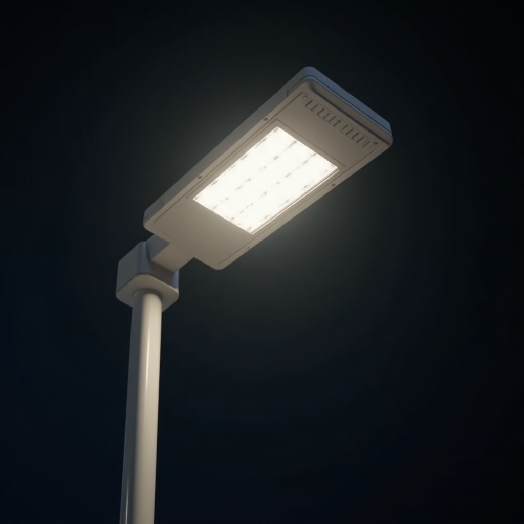 Hyper-realistic commercial for a premium street lamp. Close-up of Megalight brand lamp. Show LED panel clearly. Cinematic style. Voice-over in Russian.