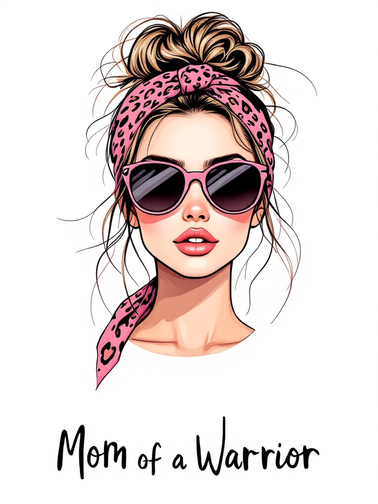 2d flat color drawing of a stylish girl with a distinctive messy bun hairstyle. She wears a bandana featuring a pink leopard pattern and matching set of sunglasses. The entire depiction is isolated on a clean white backdrop. She is looking straight ahead at the camera. Underneath her face are the words Mom of a Warrior in a handwritten font.