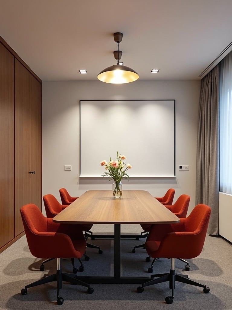 A meeting room designed for business discussions. No people present. Features a large wooden table surrounded by red chairs. A vase of flowers is centered on the table. A whiteboard is mounted on the wall in the background. The room is well-lit with warm lighting and has a contemporary feel.