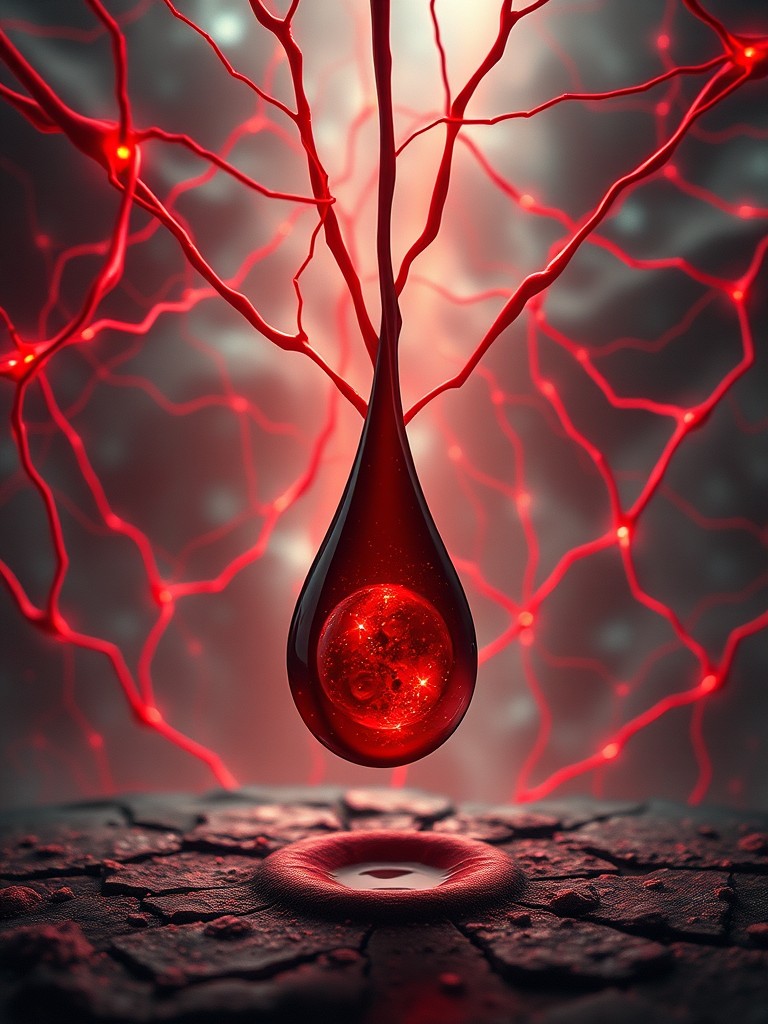 A glowing red droplet with intricate internal designs hangs above a textured surface, surrounded by branching red lines.