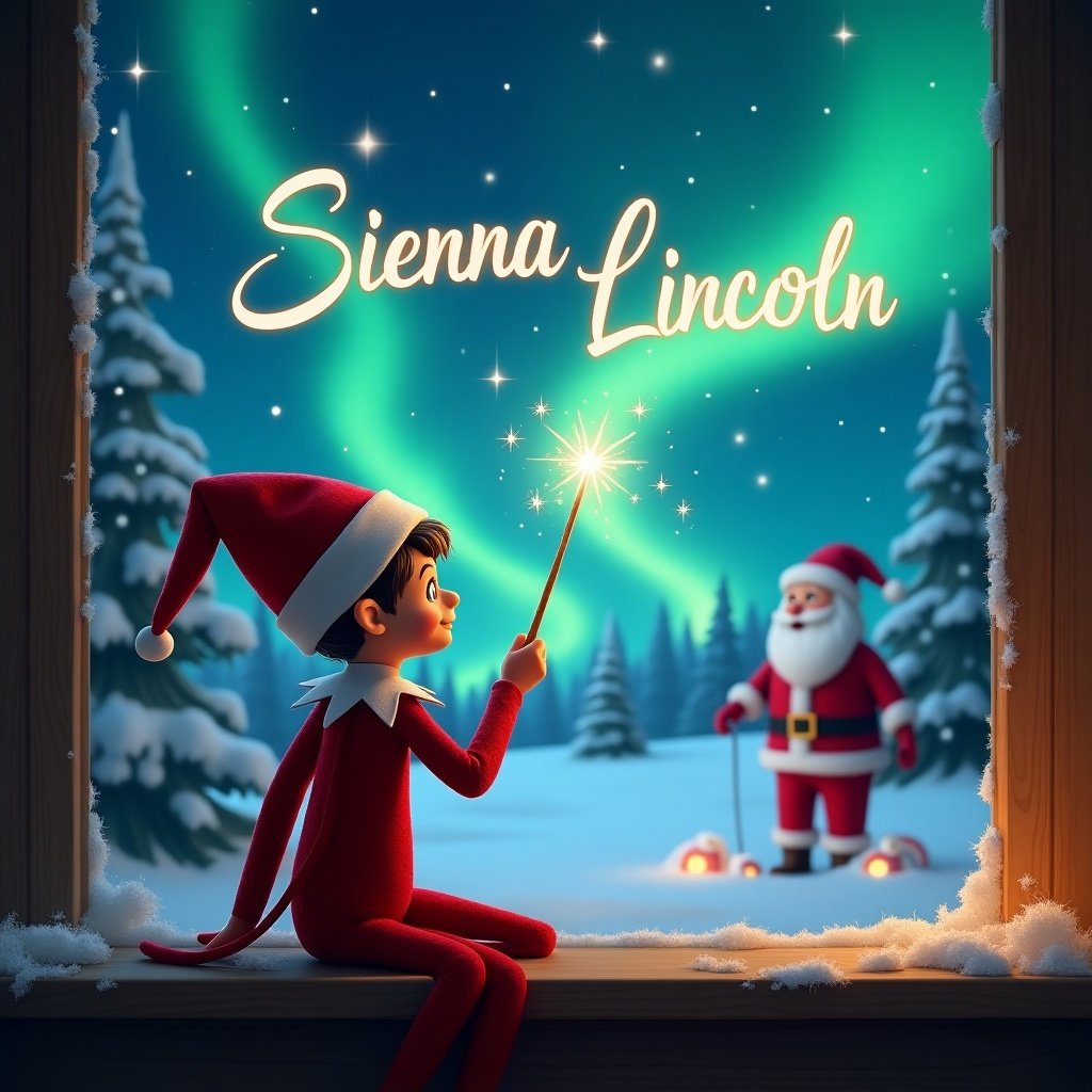 This enchanting image features an elf on the shelf with his back to the viewer, gazing up at a magical Christmas sky. He holds a wand, using it to elegantly write the names 'Sienna' and 'Lincoln' in the sky. The background showcases a beautiful winter scene complete with the northern lights illuminating the night. Santa Claus can also be seen nearby, enhancing the festive atmosphere. This whimsical illustration captures the spirit of the holiday season with a touch of magic.