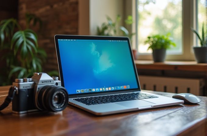 A laptop and camera sit on a wooden table near a window with plants.