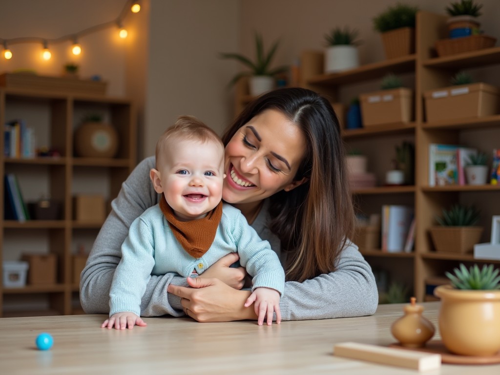 A smiling mother holding her happy baby in a cozy, decorated room