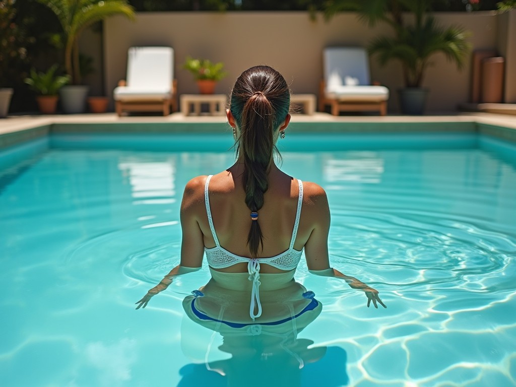 The image depicts a woman sitting in a crystal-clear swimming pool, facing away from the camera. Her back is exposed, and she's wearing a white bikini. The setting is serene, with comfortable lounge chairs and lush potted plants bordering the pool area. Sunlight glistens off the water, creating a tranquil and inviting atmosphere.