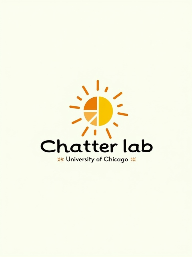 Graphic representation of Chatter Lab logo. Focus on sun emblem combined with dialogue box. Include text Chatter Lab with University of Chicago. Use bright and clear elements to convey child-friendly design. Plain background without distractions.