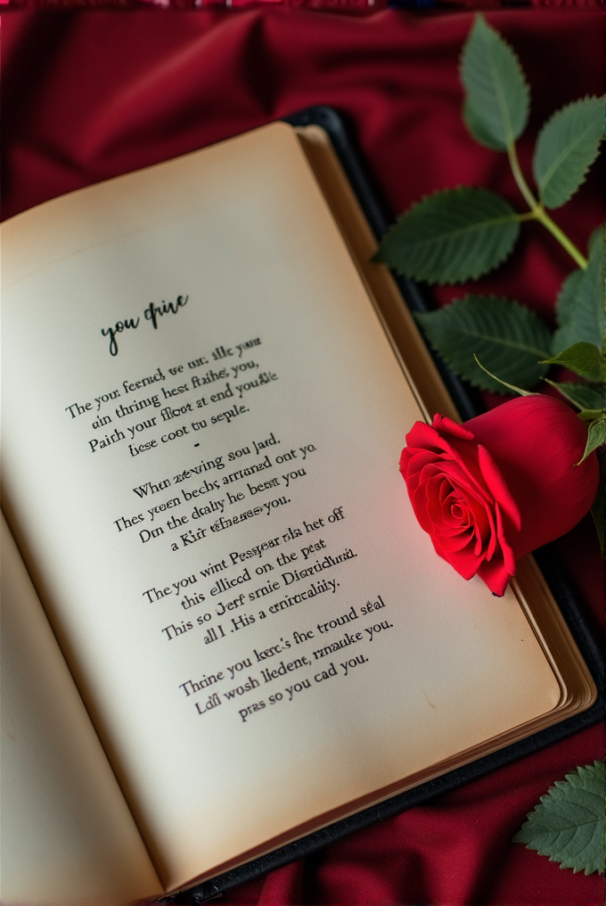 An open book with poetic text next to a red rose on a red cloth backdrop.