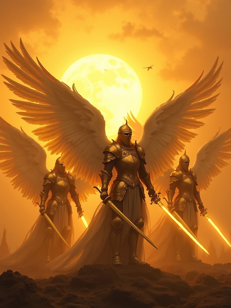 Image depicts angelic knights standing in armor against a golden sky. Knights wield luminous swords and have feathered wings. The scene suggests a celestial battleground with warm glow from a setting sun.